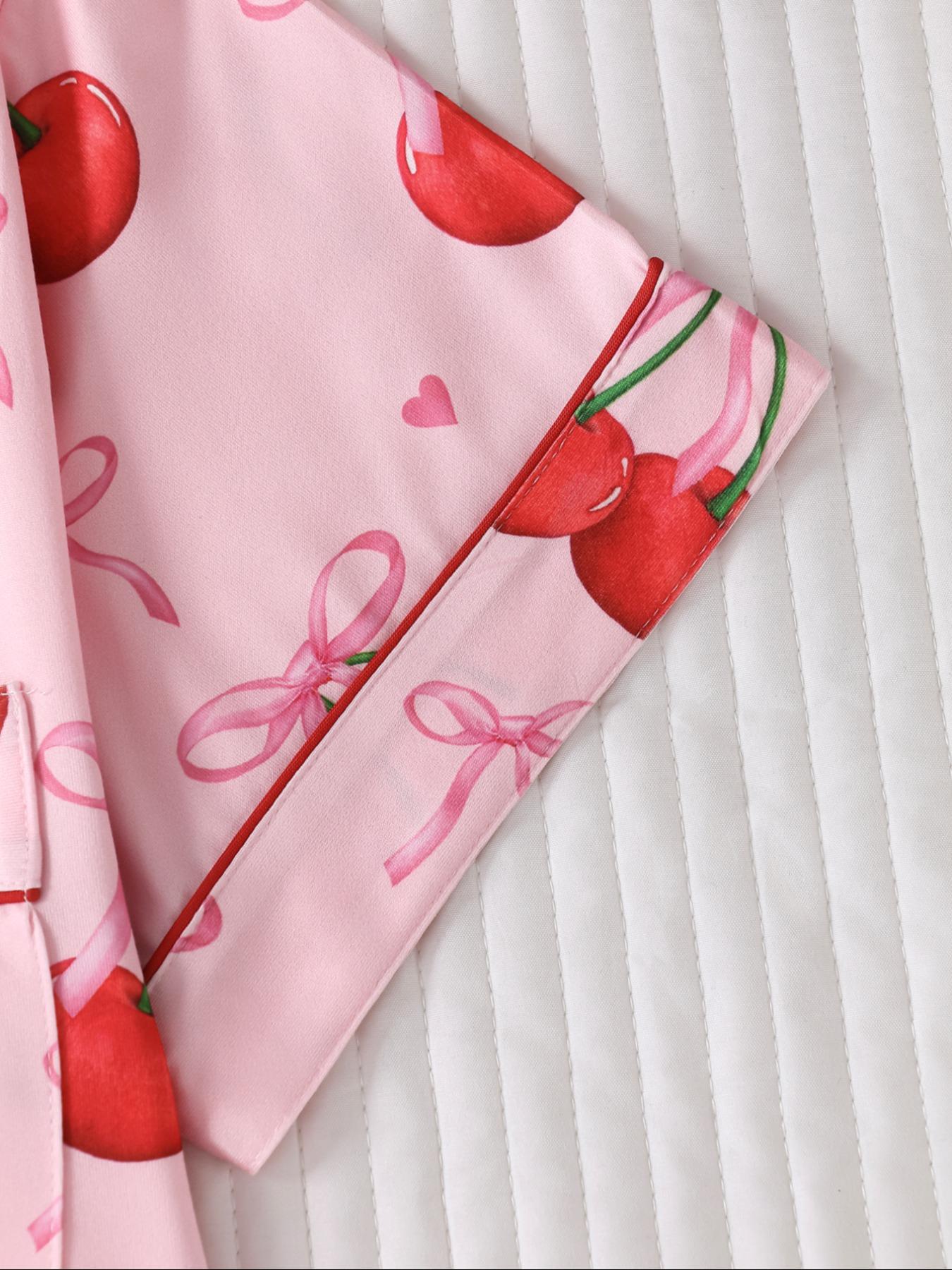 Women's Strawberry & Heart Print Lapel Neck Shirt & Shorts Pyjama Two-piece Set, Ladies Sleepwear for All Seasons, Pajama Set, Loungewear