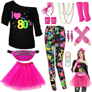 WlLDPARTY 80s Outfit Women Costume Accessories Set, T Shirt Leggings Tutu Skirt Fanny Pack Headband Fishnet Gloves Legwarmers