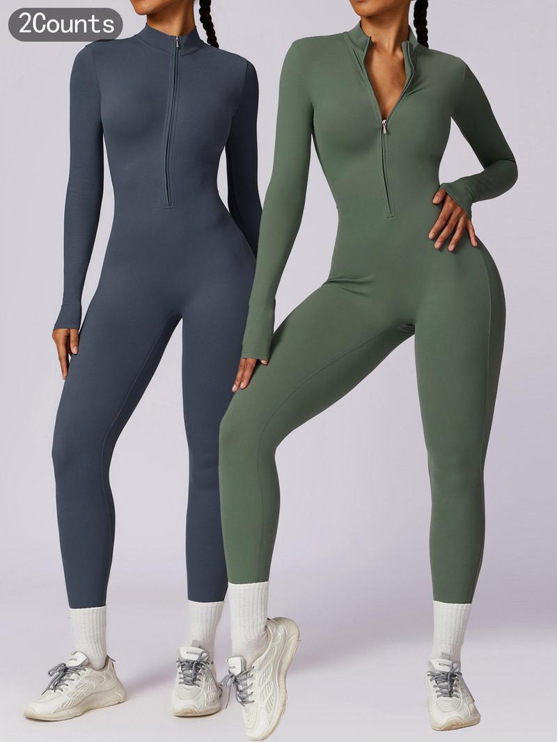 Women's Solid Zip Up Long Sleeve Sports Jumpsuit, Casual Sporty Comfy Jumpsuit for Yoga Gym Workout, Ladies Sportswear for All Seasons, All Season Activewear
