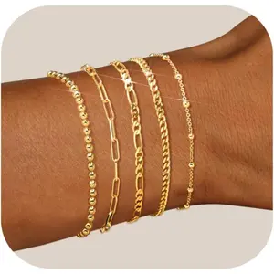 Gold Bracelets for Women, 14K Gold Plated Bracelet Stack Set Adjustable Stackable Charm Bracelets Paperclip Chain Cuban Link Layered Waterproof Bracelet Sets Gifts for Womens