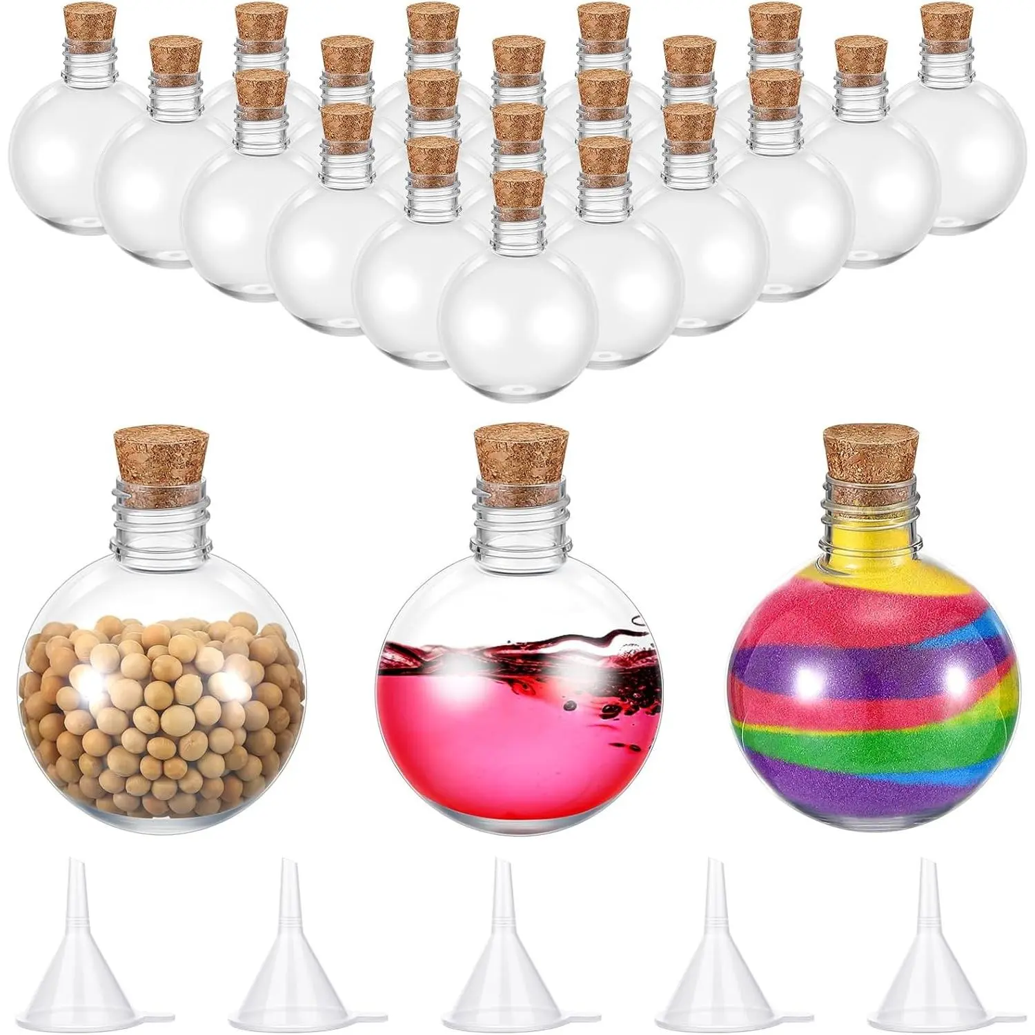 24 Pcs Round Brown Plastic Spherical Potion Bottles with Cork Stoppers - 3.4 oz/100ml Sand Art Jars with 5 Funnels, Perfume/Gift Containers for Valentine's DIY Crafts Decor