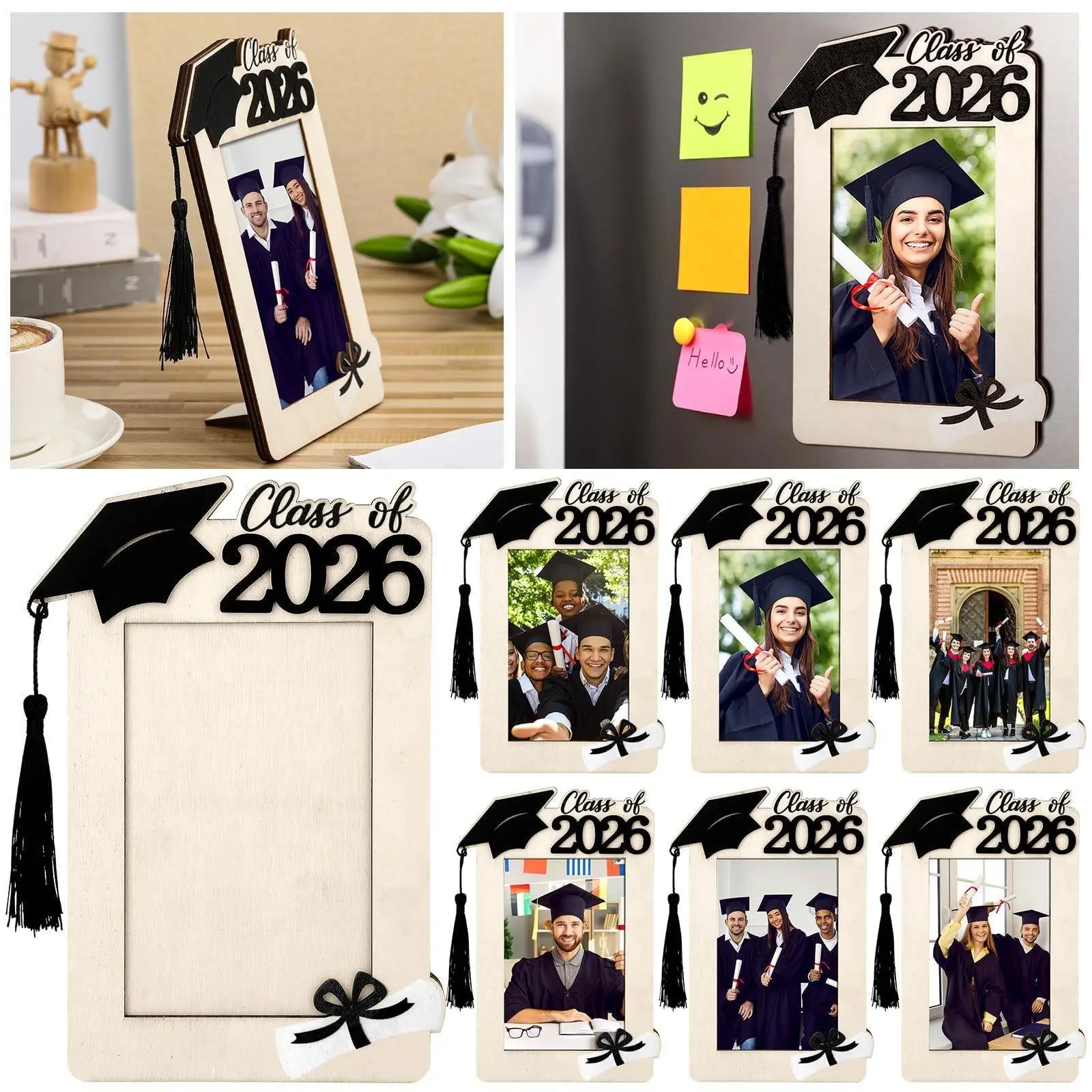 2026 Graduation Wooden Frame Magnetic Decorative Stand, Creative Gift for Graduation Season, Wooden Refrigerator Magnet Decoration