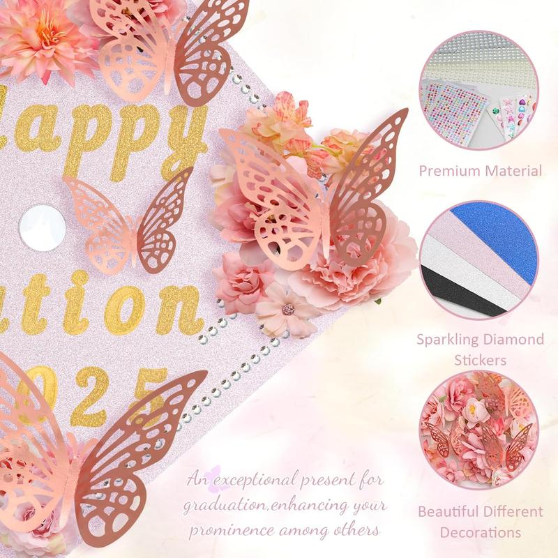 Graduation Cap Decorations Kit Grad Cap Topper Decor Includes Glitter Paper 3D Butterfly Faux Flower Letters Stickers, Cap Decorations for DIY Graduation Cap Topper (Pink)