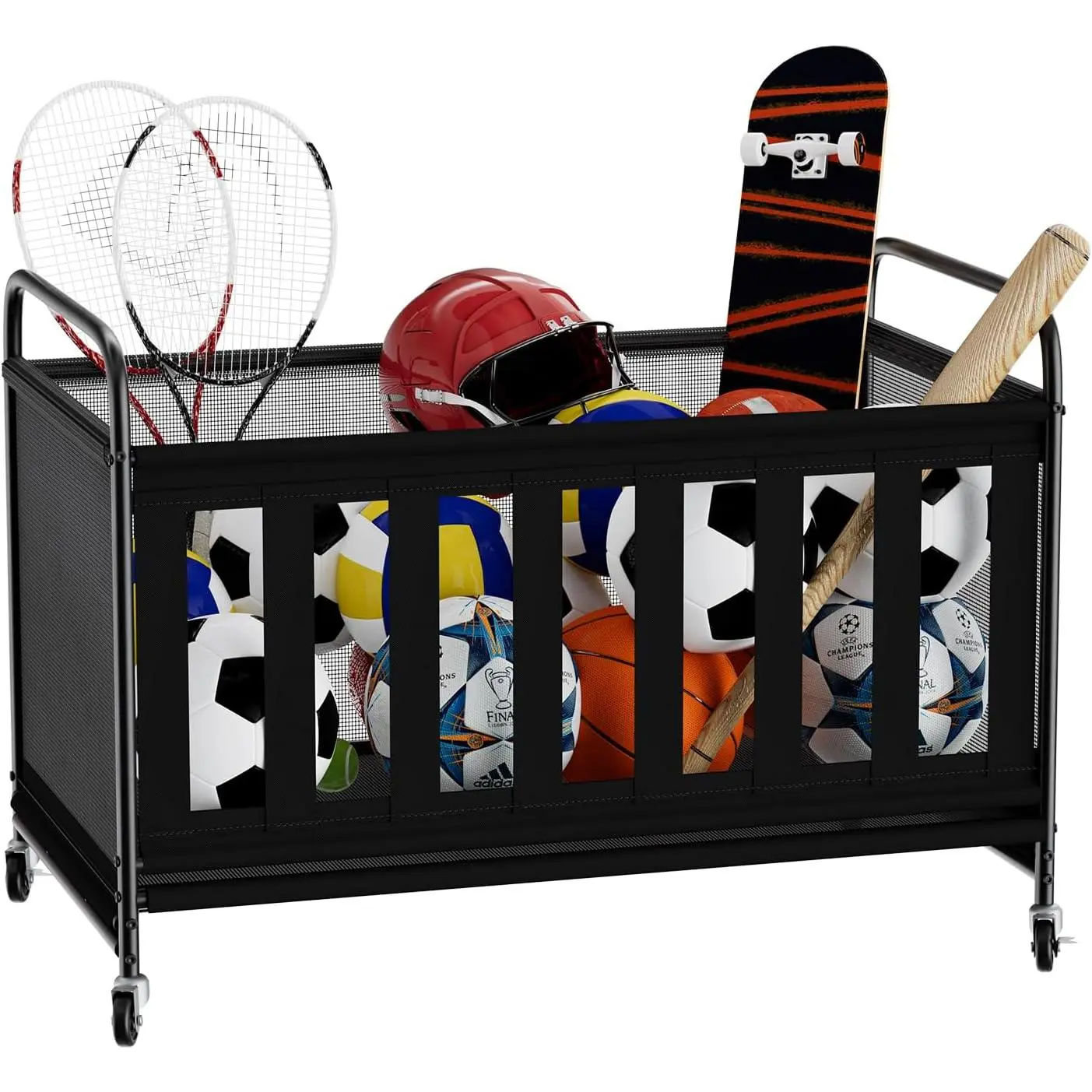 Large Storage Bin with Wheels for Outdoor Garage - Sports Equipment Organizer for Volleyball, Basketball, Soccer, Baseball and Toys