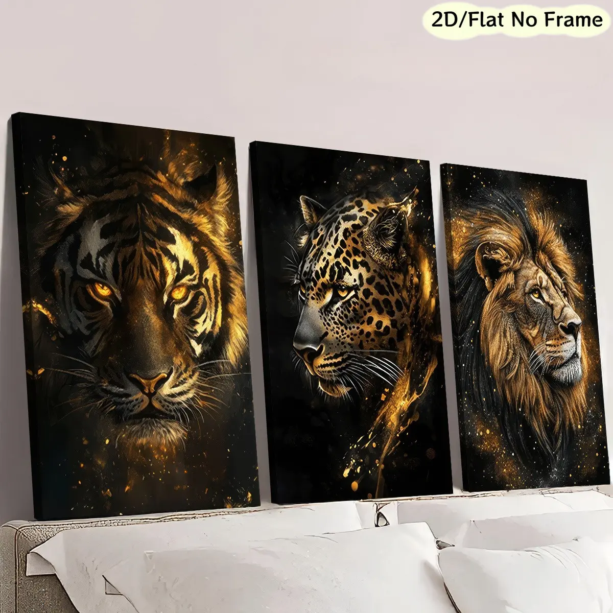 2D Print, 3-Piece Black and Gold Luxurious Animal Art - Tiger, Cheetah, Lion Canvas Poster, Halloween Christmas, Home Decor, Wall Art, Room Decoration, Holiday Gift, Living Room, Bedroom, Dining Room