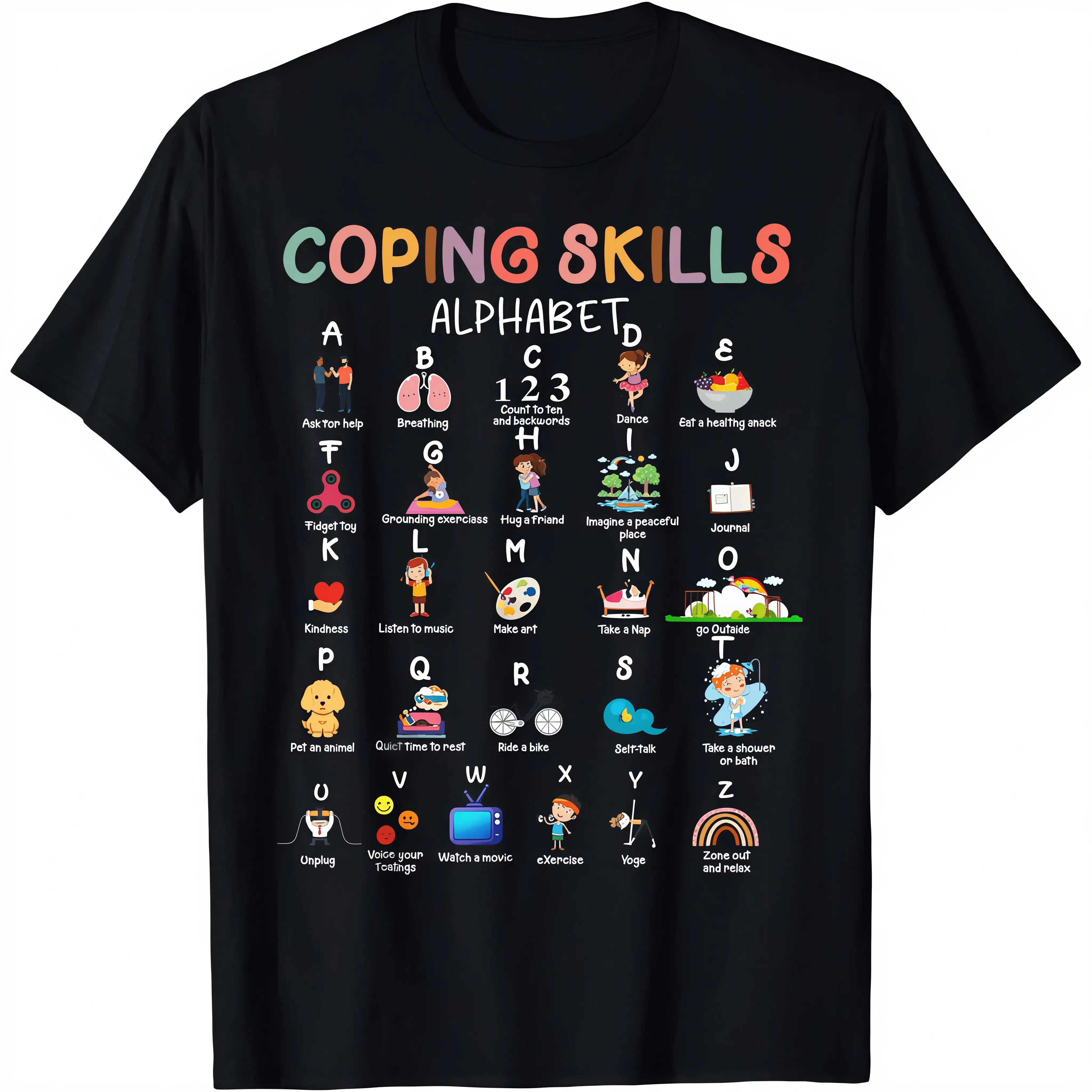 Colorful Coping Skills Alphabet Therapy Mental Health Awareness T-Shirt