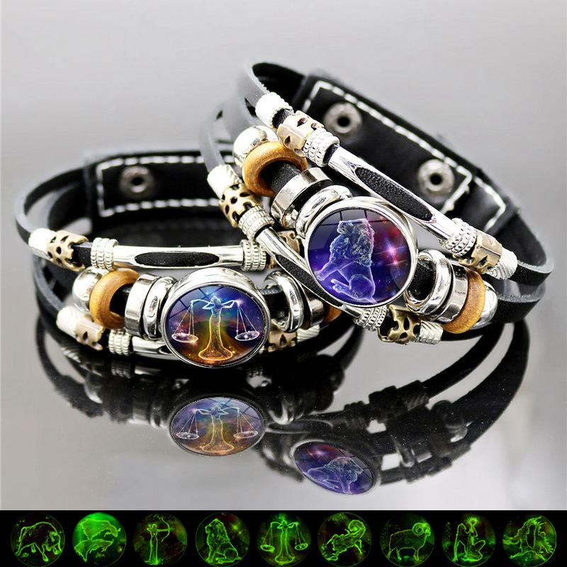 New Twelve Zodiac Signs Luminous Leather Bracelet Vintage Punk Multi-layer Woven Beaded Bracelet Jewelry