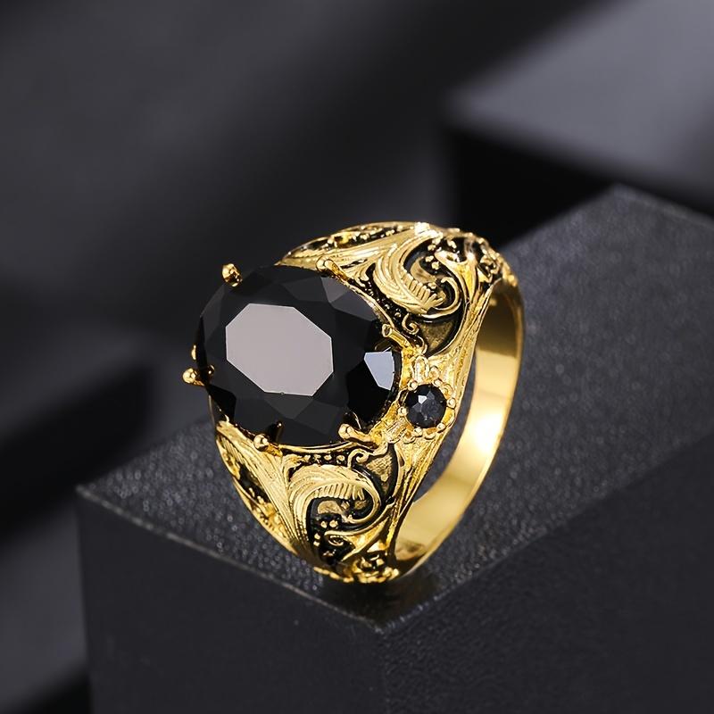Vintage Men's Ring with Black Oval Artificial Hinestones, Copper Craftsmanship, Retro Golden Finish, Daily Casual Single Ring, Ideal Jewelry Gift for Both Men and Women
