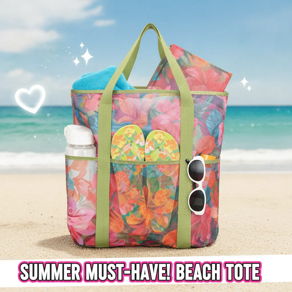 High-Capacity Lightweight Sand-Free Mesh Beach Tote Bag, Quick-Dry, with Detachable Zip Pouch & Multiple Pockets, Machine Washable for Beach, Pool, Cruise Travel
