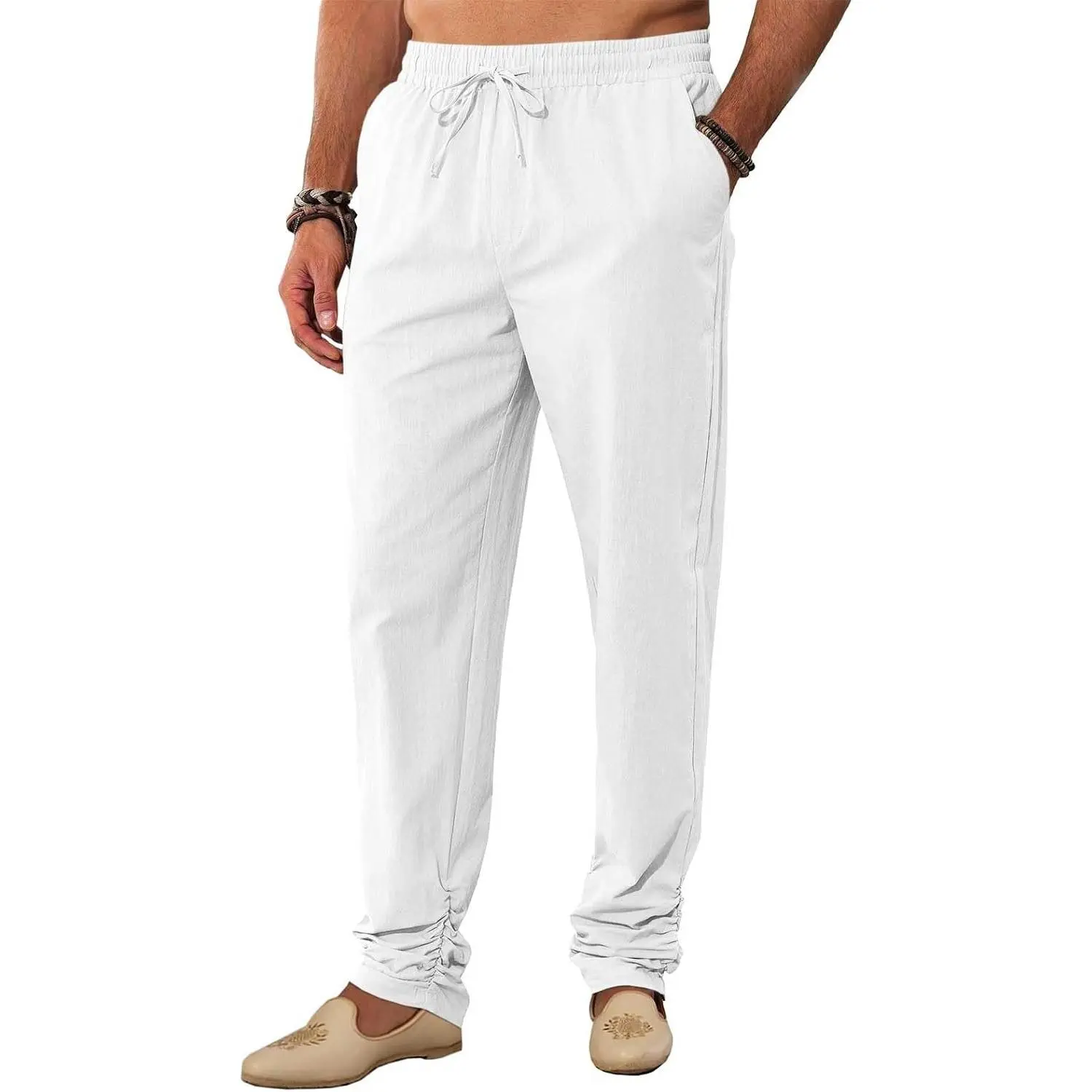 Mens Kaftan Thobe Pants Cotton Casual Elastic Waist Drawstring Muslim Trousers Summer Yoga Kurta Pants with Pockets