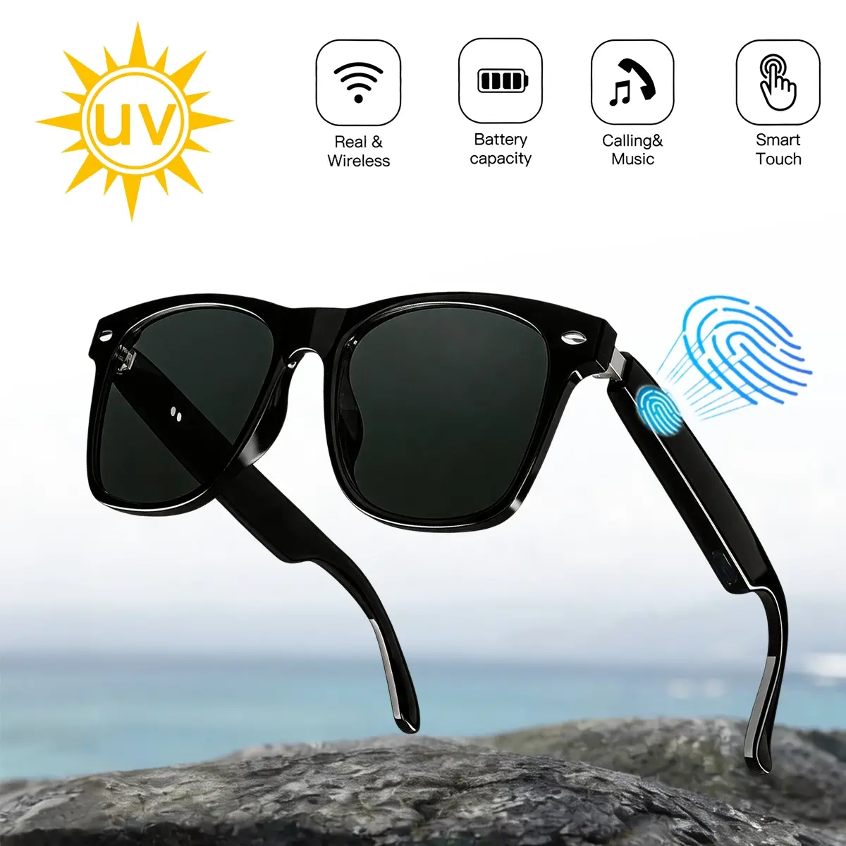 Smart Glasses with Hands Free Calling & Music Playback, UV Protection Lens, Bluetooth Stable Link, Touch Control , Long Battery Life Magnetic Charging, multifunctional Audio Sunglasses for Travel, Work, Driving