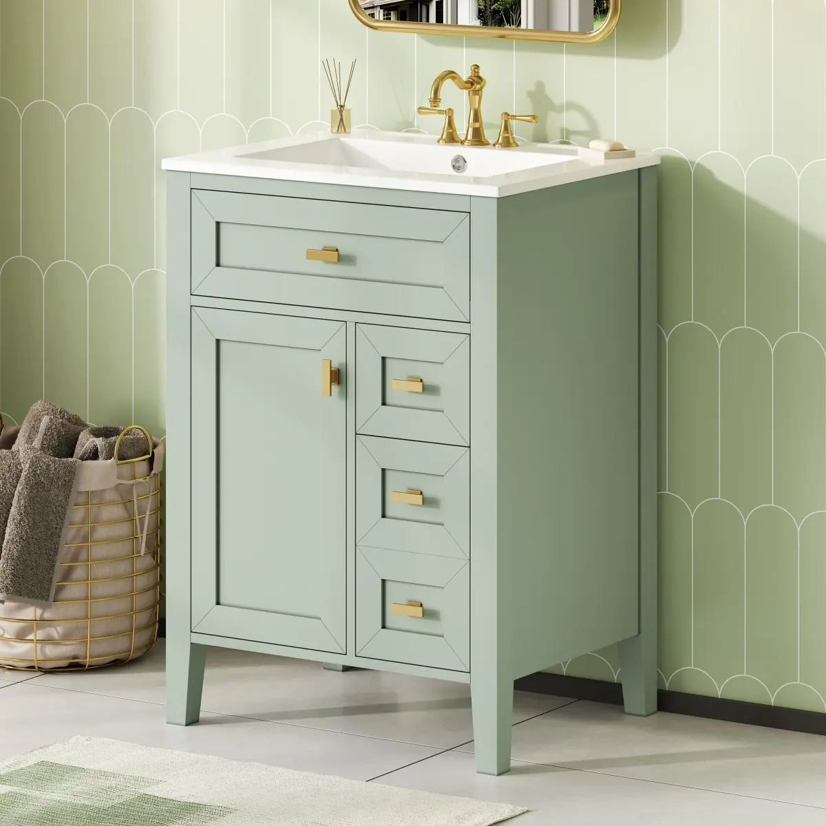 24'' Glossy Paint Freestanding Rectangular Green Bathroom Vanity with Solid Wood & MDF Construction, Single Sink, 3 Drawers, 2-Tier Door Storage Cabinet, Soft-Close Doors & Drawers, Modern for Small-Medium Bathrooms WL RR, Powder Room, 150Lbs
