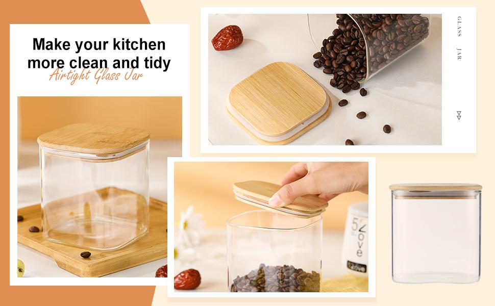 4-Pack Glass Storage Square Jars with Bamboo Lids Single 24 fl oz/720ml,Glass Canister Set, Airtight Containers for Kitchen Dry Goods, Coffee, Tea, Sugar,Flour ,Candy, Cookie, Spice