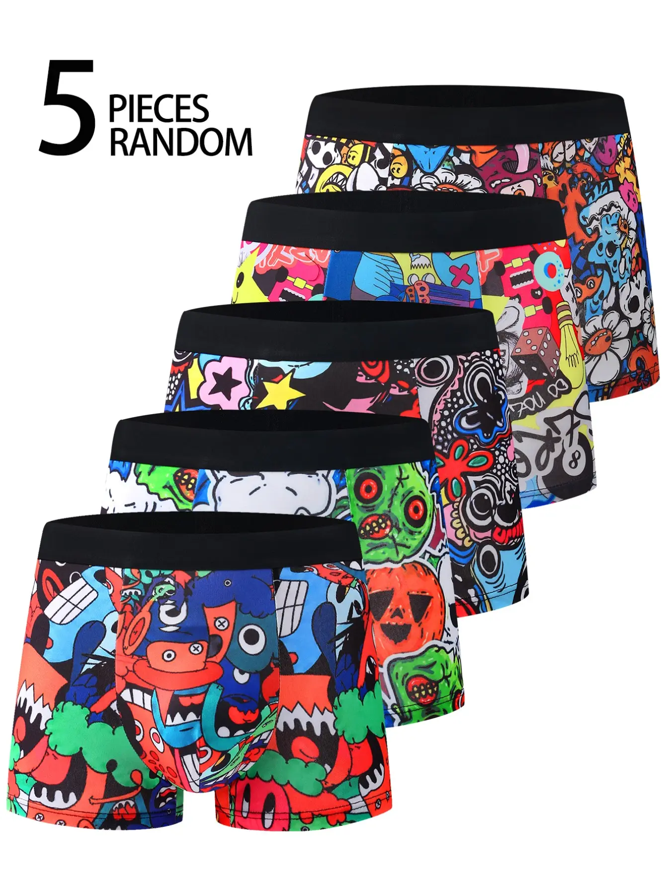 5-Pack Men's Punk Style Boxers, Cartoon Monster Print, Random Pattern, High Elastic Waist, Comfortable Fitted Trunks, All-Seasons Wear, Fitted Boxer Shorts