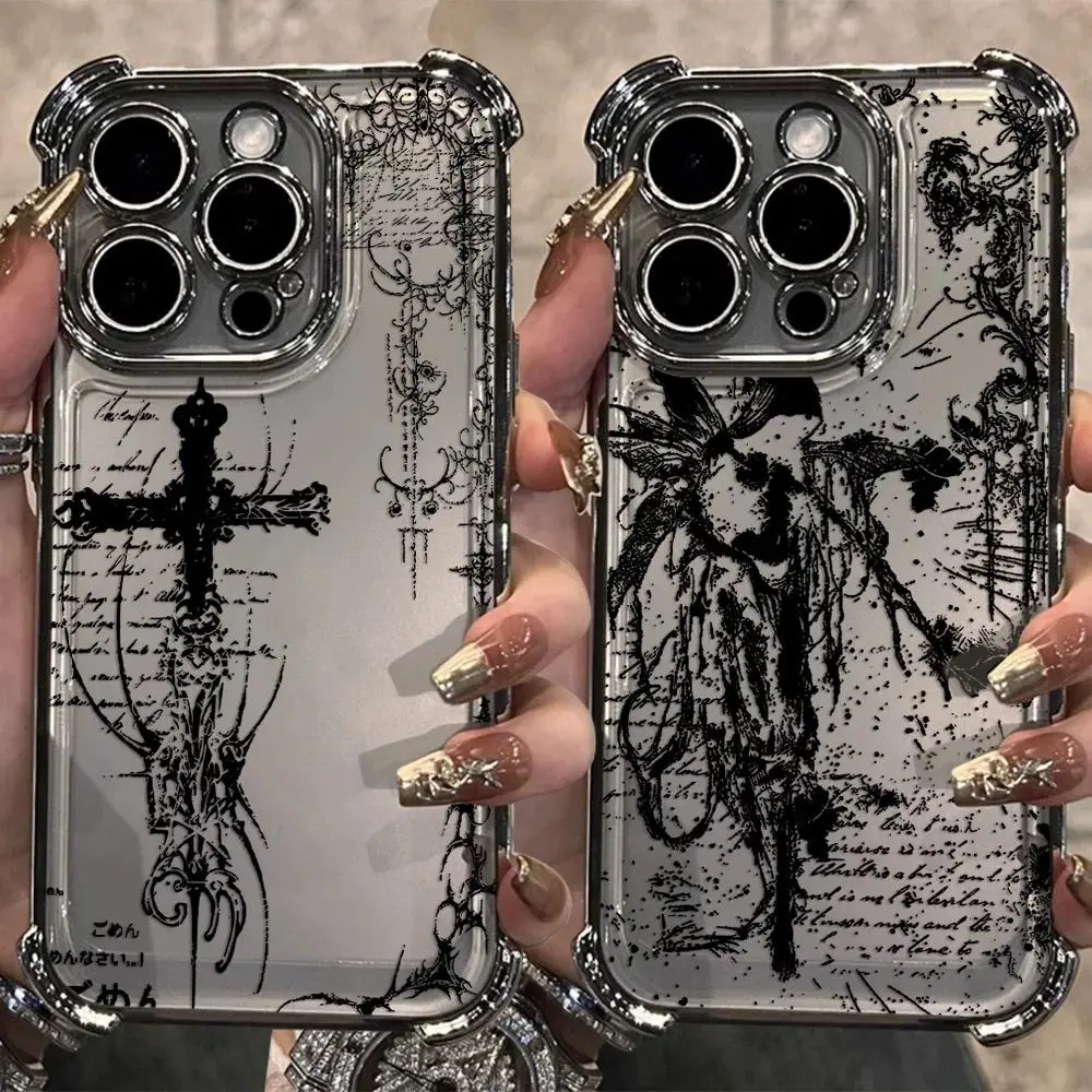 Cool Dark Gothic Cross Mark Line Plating Phone Case For iPhone 17 Promax 17Air 16 Plus 15 14 13 12 11 Pro & Samsung Galaxy S26 Ultra S25 S24 S23 FE Plus EDGE Anti-Drop Anti-Fall Transparent Shockproof TPU Smartphone Back Cover