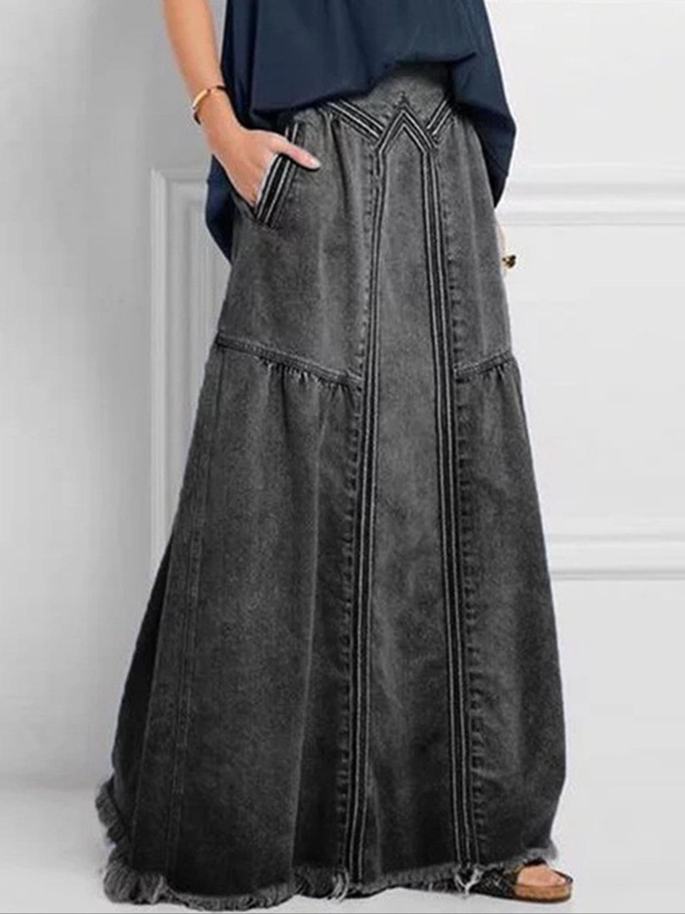 Women's Denim Skirt, Casual Loose-Fitting Baggy Maxi Skirt, Elastic Waist, Plain Surface, All Seasons, Comfortable Street Style