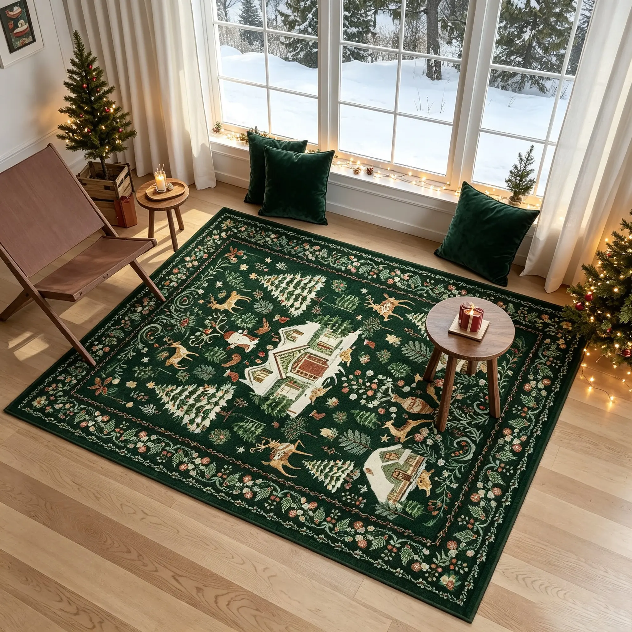 Vintage Deep Christmas Forest Rug, Reindeer Snow House Berry Trim Non-Slip Mat, Soft Rectangular Carpet, Washable Rugs, Home Decor