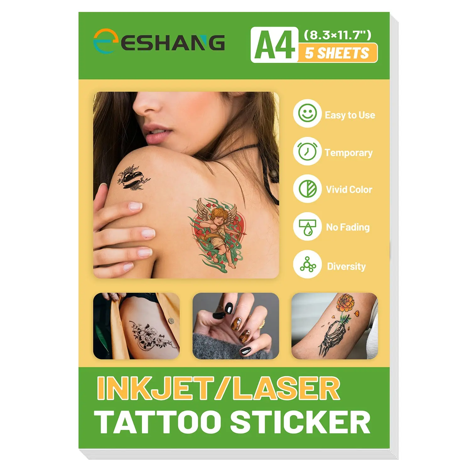 5 Sheets A4 Printable Tattoo Transfer Paper, Temporary Tattoo Paper for Laser/inkjet Printer, 21.08cm X 29.72cm, Easy to Use