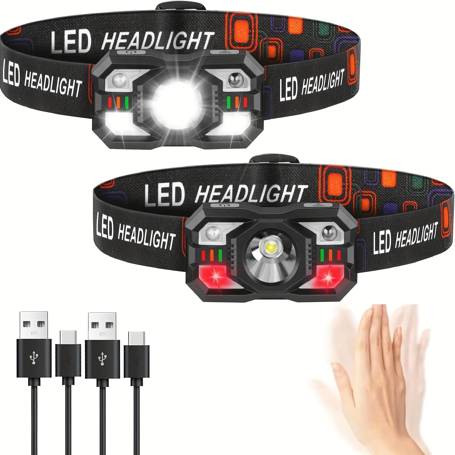 2-Pack ABS Plastic Rechargeable Portable LED Headlamp Flashlight - Ultra-Light, High Lumen Brightness, White & Red Light, Motion Sensor, 5 Lighting Modes, Dual Switch for Outdoor Camping, Hiking