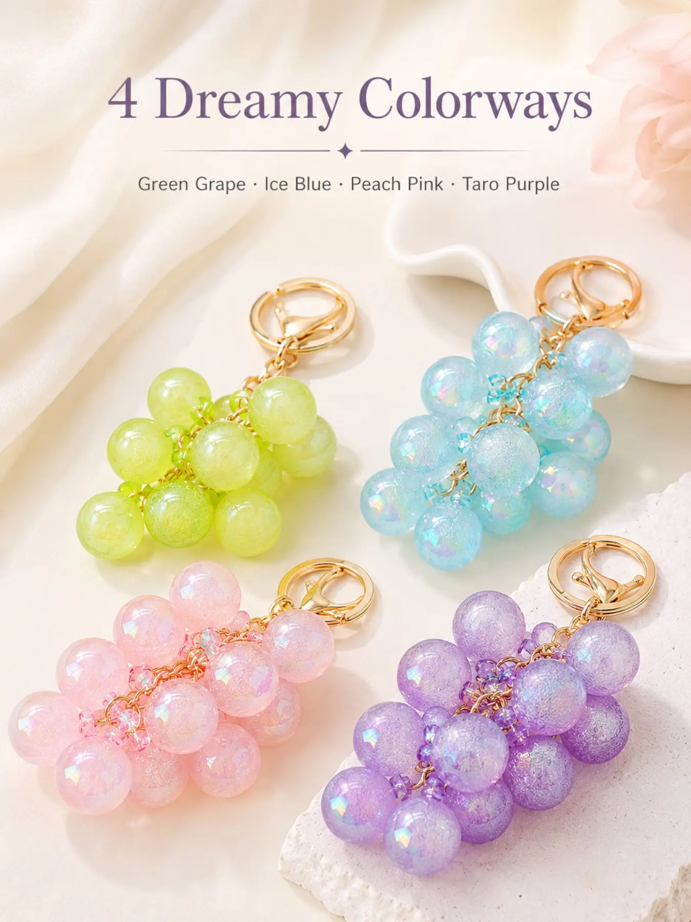 Translucent Bubble Grape Cluster Bag Charm Pendants | 4 Pastel Shades Acrylic Fruit Bag Charms with Gold Lobster Clasp, Coquette Fruitcore Backpack Bag Decoration, Cute Summer Accessory Gift for Women, Purse, Backpack & Car Keys