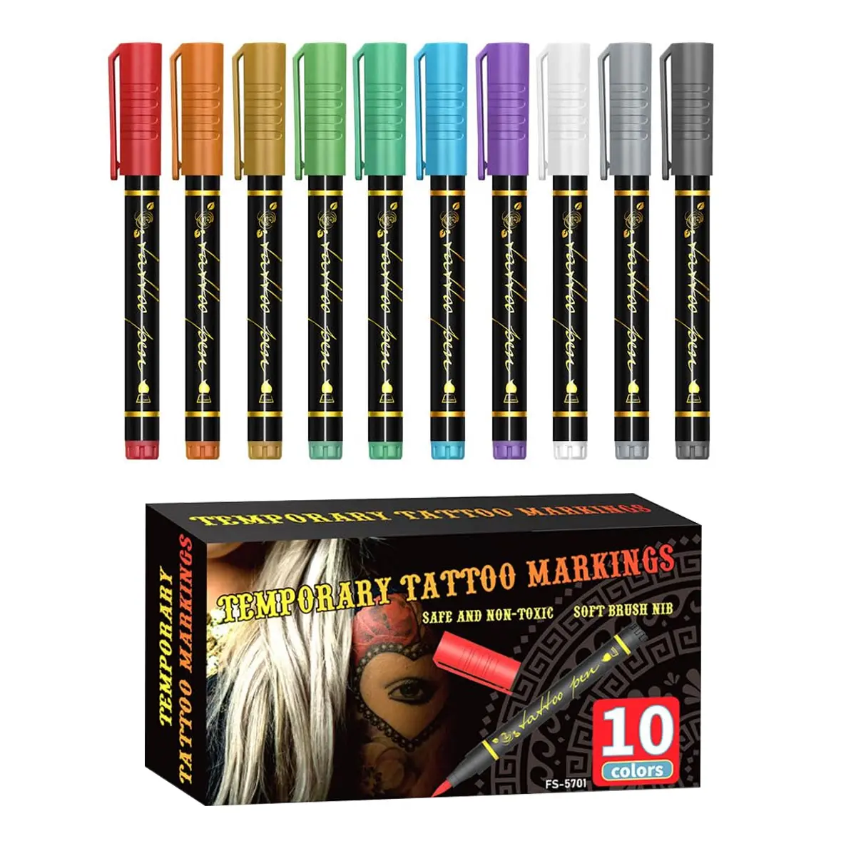 10-Pcs Cosmetic Temporary Tattoo Pen Set - 10 Trendy Vibrant Shades, Safe Ink Marker, Long-Lasting DIY Skin Markers for Adults, Body Arts, Party Painting, Beginner-Friendly, Oil Control Cleansing, Wash Off (No Extra Stickers), All Skin Types, Crafts