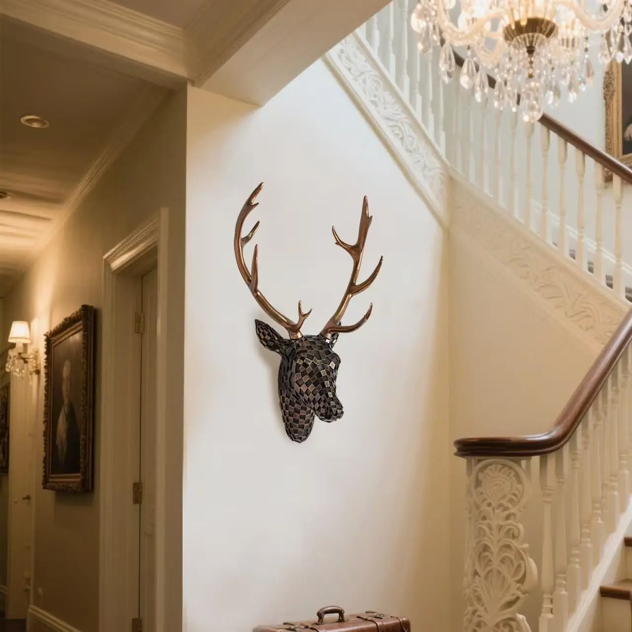 Trendy Art Checkerboard Deer Head Wall Hanging Decor, Glossy Grid Half-Body Stag with Antlers, Lightweight Resin Wall Art for Indoor Outdoor Surf Style Home Decoration, Resin Hanging Ornament