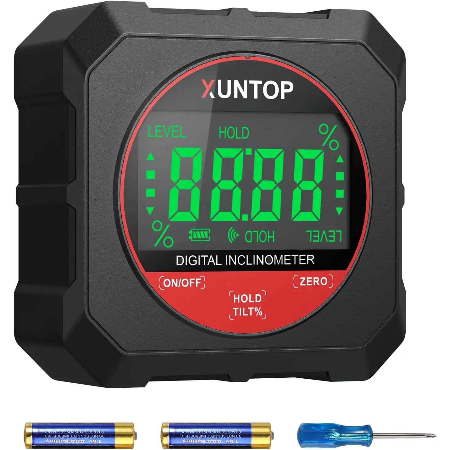 XUNTOP 4x90° Digital Angle Finder, Aluminum Alloy Tool with Strong Magnetic Base, Data Hold Function, ±0.2° Acc. & Degrees (%) Measurement Capability