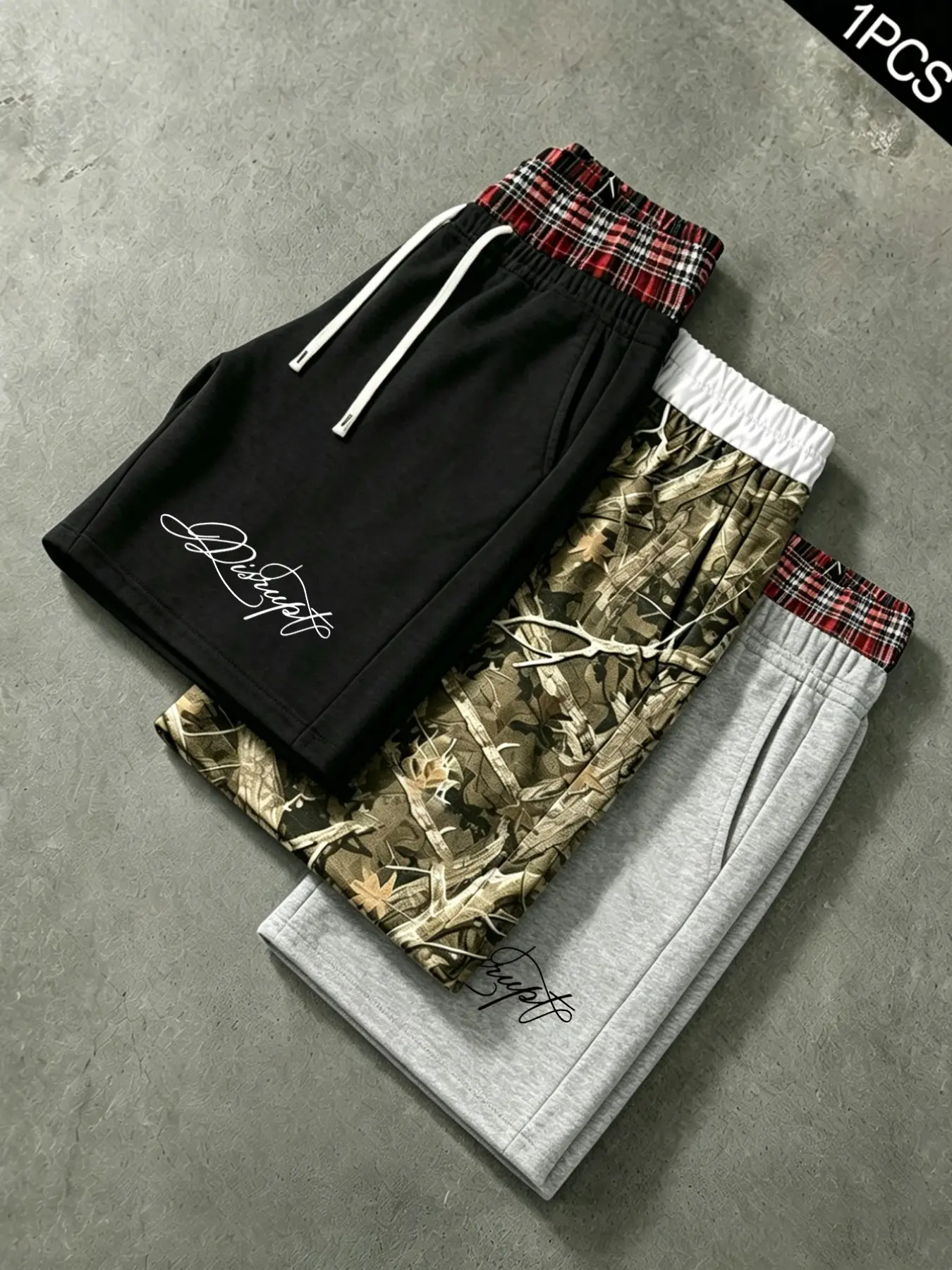 Y2K Layered Plaid Double Waistband Baggy Shorts Streetwear Script Embroidery Wide Leg Sweat Shorts Wrinkle Resistant Draped Loose Fit Shorts for Summer Street Outfit