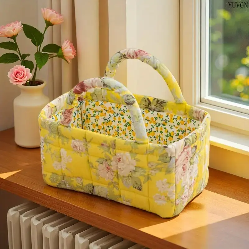 Vintage Floral Quilted Foldable Storage Basket Portable Thick Organizer For Cosmetics Snacks Bedroom Laundry Tote, Decorative, Carrying