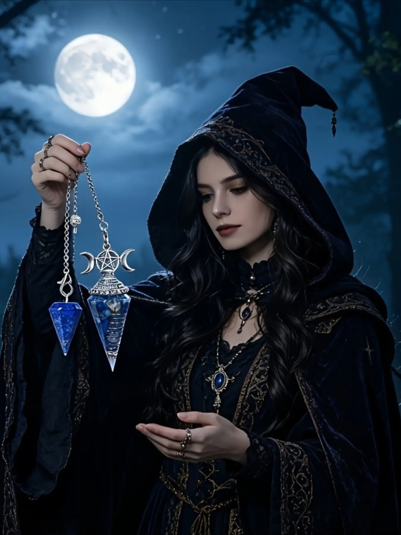 2 Pieces per Set Natural Stone Lapis Lazuli Pendulum Pendants, Triple Moon Hexagonal Cone Resin Crystals, Divination Tools for Witches, Halloween and Christmas Accessories