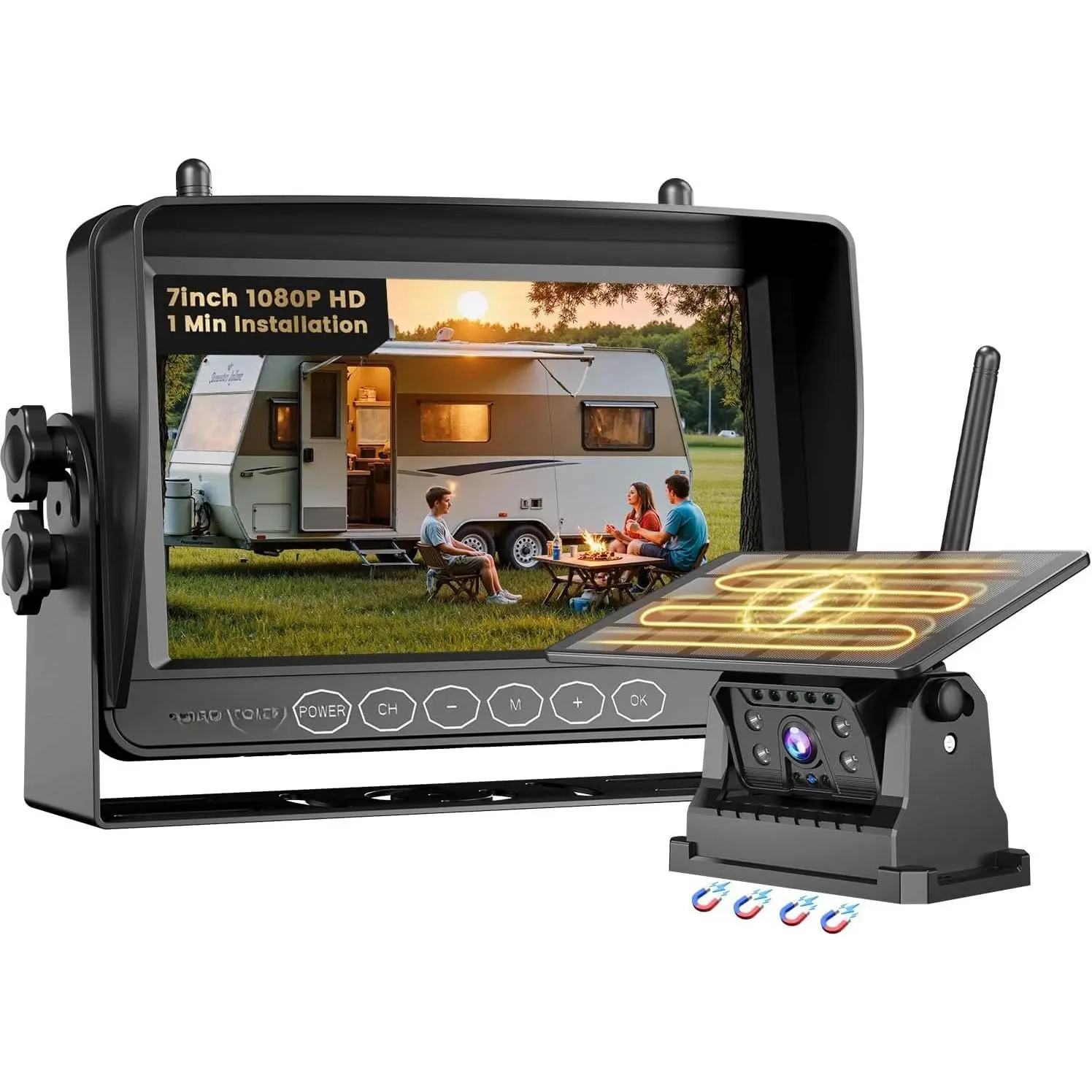 Solar  Backup Camera for RV   – 7" 1080P , 1-Min Install, No Delay, 150° Rearview Camera, IR Night Vision, Auto-Sleep, Rechargeable  Reverse Camera