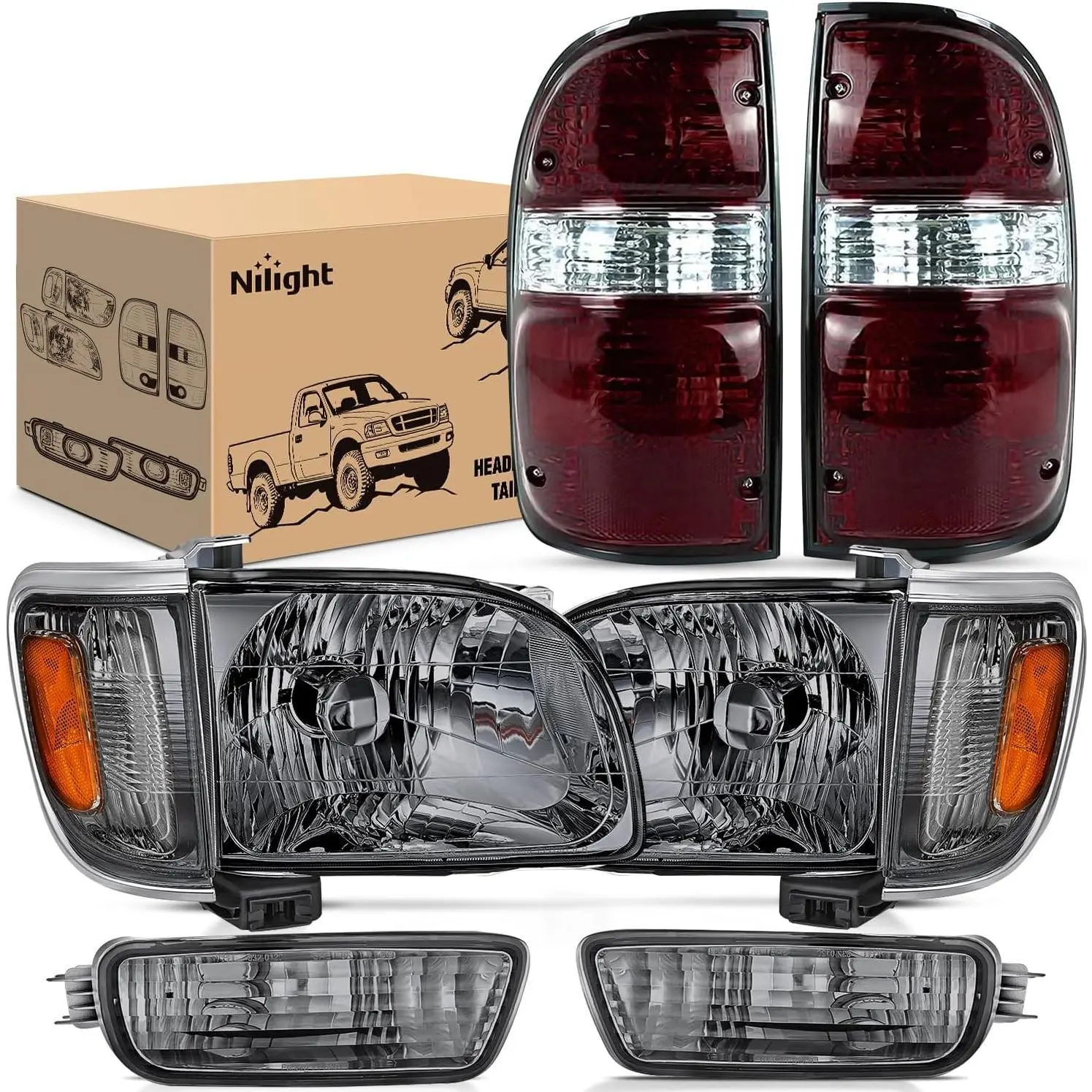 Nilight Headlight and Taillight Assembly Combo Set, OE-Style Chrome Housing Smoke Lens Amber Reflector, Dark Red Housing Tail Lights Compatible with 2001-2004 Toyota Tacoma