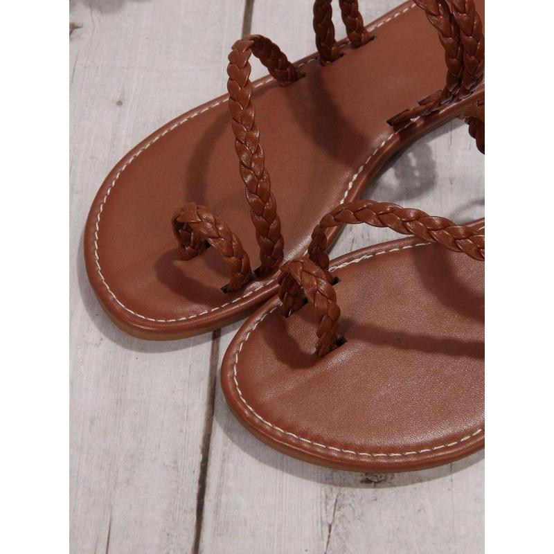 (New)Women's Fashionable Plain Color Ankle Strap Sandals, Casual Comfortable Flat Sandals for Beach Vacation, All-match Barefoot Shoes for Daily Wear, Summer