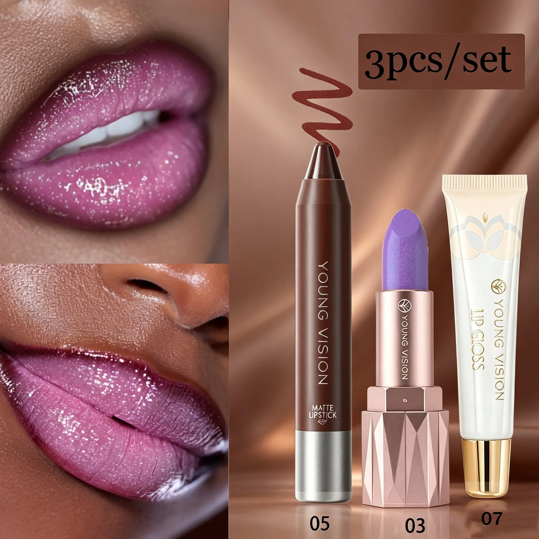 YOUNG VISION Lipstick Pen, Lip Oil Set, Shimmering Base, Layered Gloss for Full Lips, Versatile Makeup Kit, Three-Piece Combo