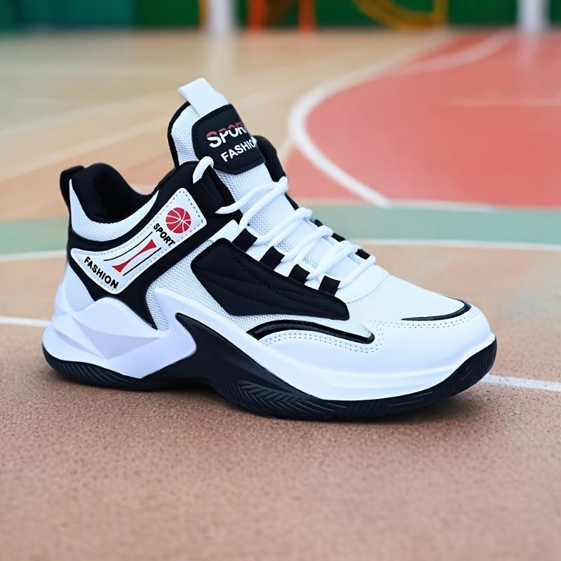 Men's-Top Basketball Sneakers - White with Red Accents, Lace-Up, Rubber Sole, Casual & Training All-Season Shoes
