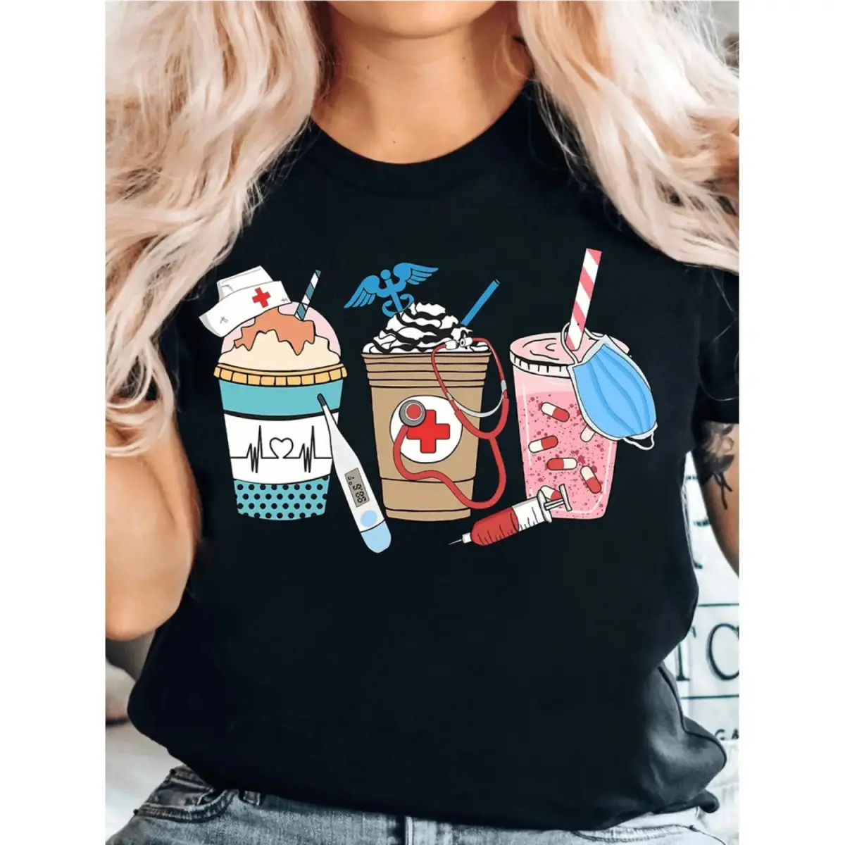 Nurse Appreciation Graphic T-Shirt With Coffee Cup Stethoscope And Syringe Design For Healthcare Workers Black Casual Summer Top Machine Washable Gift For Medical Professionals Nursing Themed Apparel