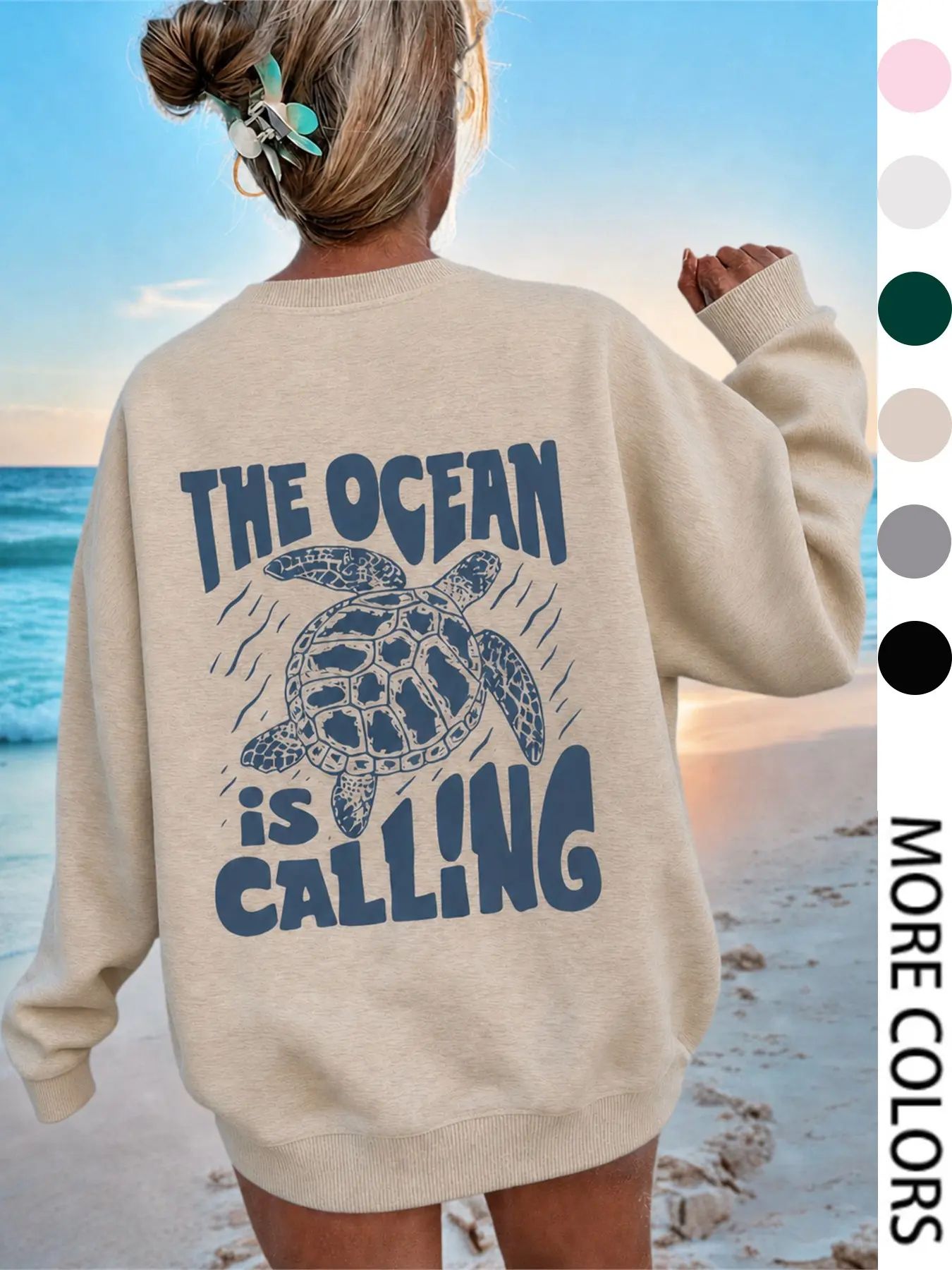 Women's Ocean Turtle Graphic Sweatshirt, The Ocean Is Calling Back Print, Oversized Crew Neck Pullover, Casual Beach Style Top in Multiple Colors#WomensSweatshirt #OceanGraphic #SeaTurtlePrint #TurtleSweatshirt #BackPrint#LetterPrint #CrewNeckSweatshirt