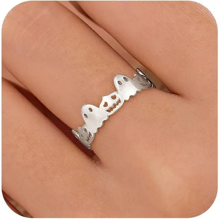 Cute Pumpkin Lantern Rings for Women Men 925 Sterling Silver Halloween Ring Jack-O-Lantern Ghost Ring Wide Band Rings Halloween Christmas Gift