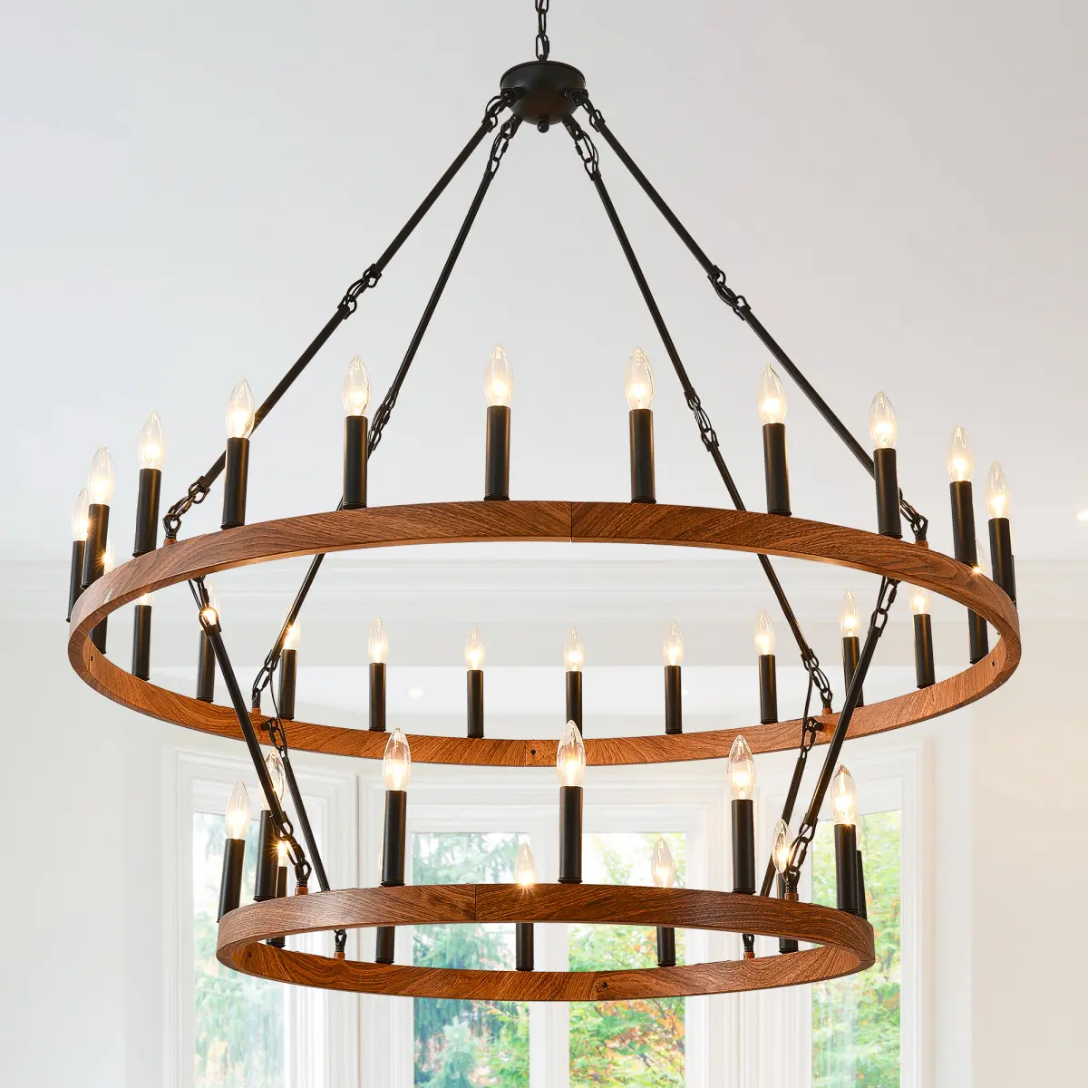 47.24 Inch Large  Wagon Wheel Chandelier,2Tier 36-Lights Farmhouse Industrial Country Style Round Pendant Light Fixture for Outdoor Porch high Ceilings Living Dining Room Foyer Entryway-Wood Grain E12