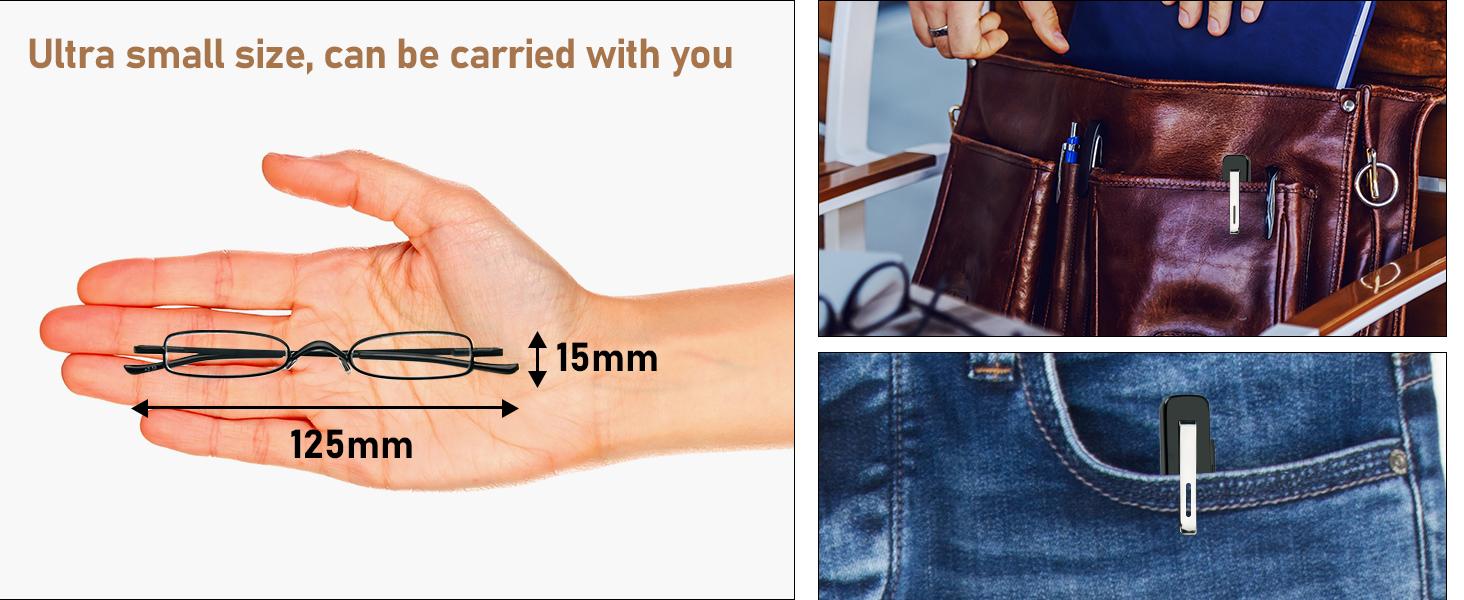 Small Reading Glasses Men Women 3 Pairs Slim Pocket Readers with Pen Clip Metal Case Spring Hinge 2.25