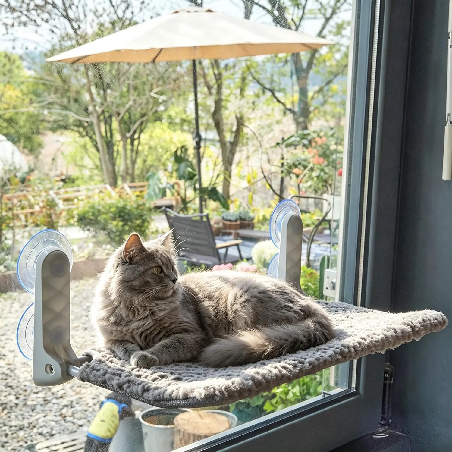Grey Cat Window Perch - Suction-Mounted Portable Wall Hammock with Easy-Install Frame, Breathable Velvet Double-Sided Design, Mesh for Cool Airflow, Upturned Edge for Comfortable Sleeping & Worry-Free Support for Indoor Cats