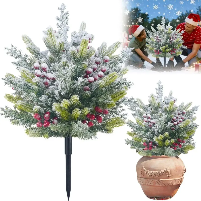 1/2pcs Artificial Christmas Ground Stake with Frosted Berries, Outdoor Yard Winter Decoration, Tree Stump Ornament