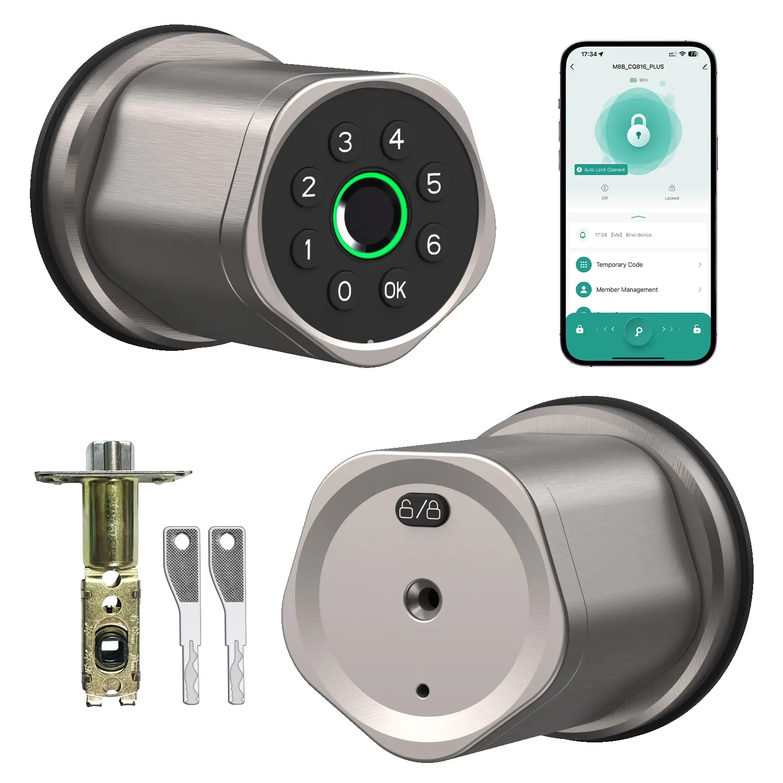 Smart Ball Lock Set, Electronic Door Lock With Handle, Full Aluminum Cnc Handle, Fingerprint/pin/key/graffiti APP Unlock, Suitable for Office and Hotel, Smart Door Locks