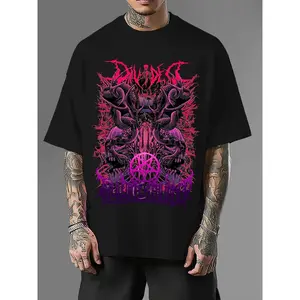 180g[100%cotton]Chest Back Demon Skull Snake Pattern Print Men'S Short Sleeve Trendy T-Shirt