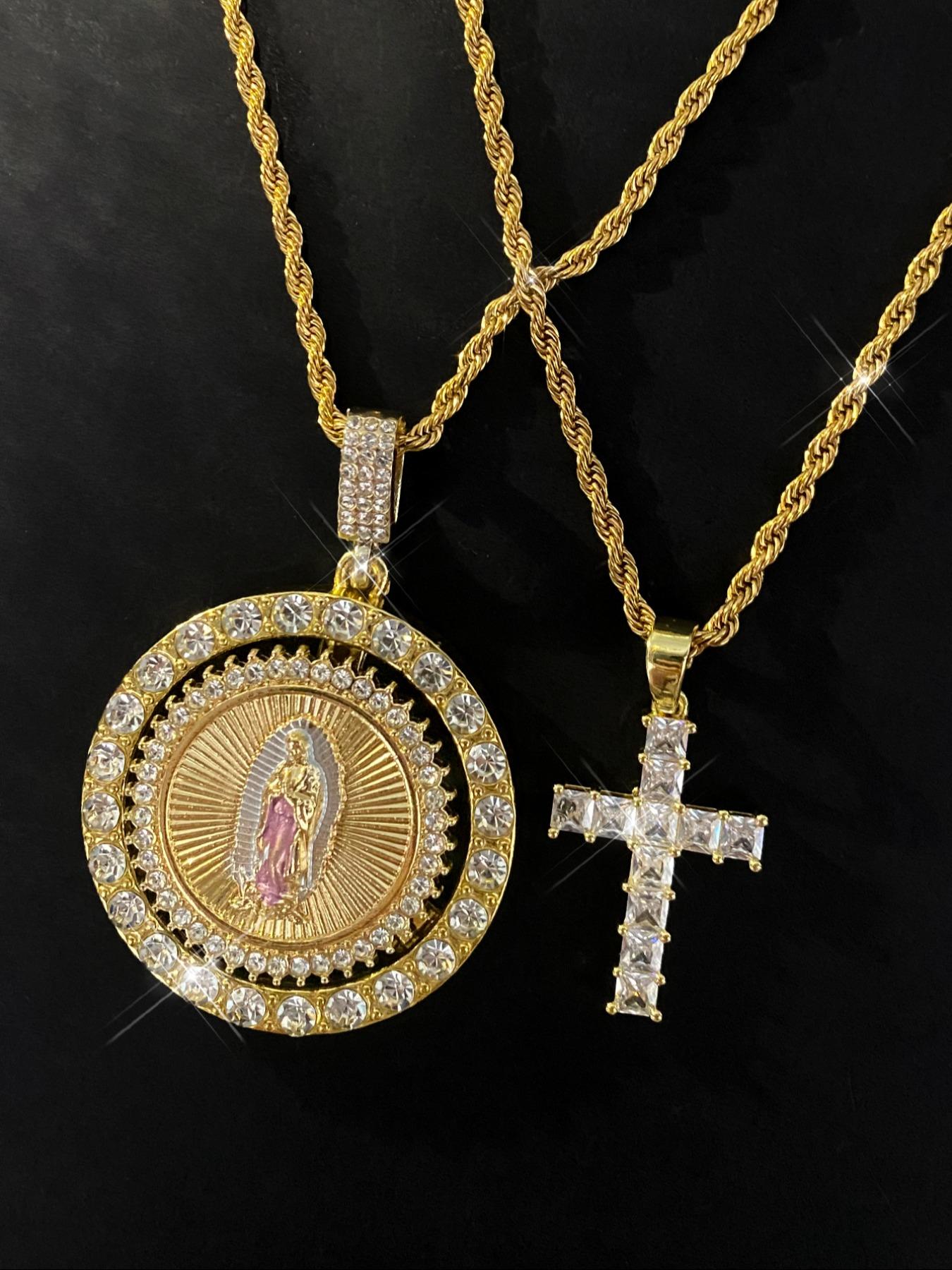 Virgin Mary Pendant Rope Chain & Cross Pendant Necklace, Rhinestone Decor Layered Necklace, Fashion Jewelry Accessories for Women & Men, Cross Necklaces