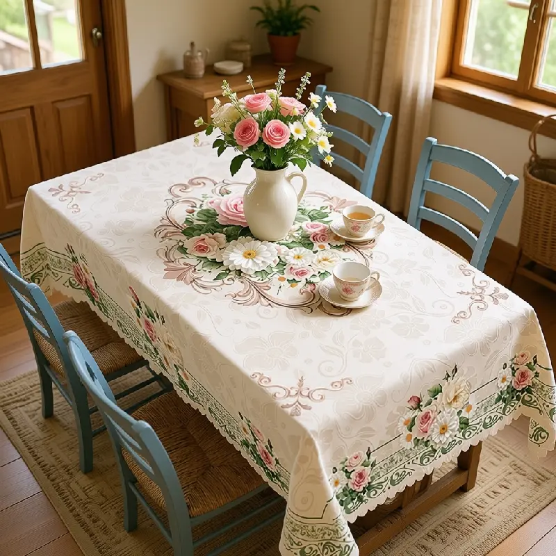 Oval Polyester Tablecloth with Pink Rose, Daisy & Green Lace Prints - Washable for Cottage Garden Dining Decor, Various Sizes, Clearance Sale, Pastoral-Themes