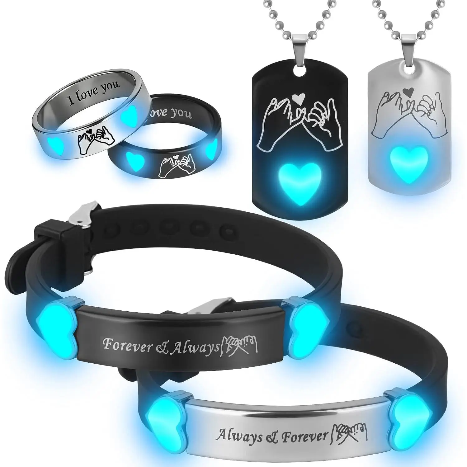 6/Pcs Set Glowing Matching Couple Ring Bracelets Necklaces for Boyfriend Girlfriend Husband Wife Valentines Anniversary Birthday Engagement Gifts