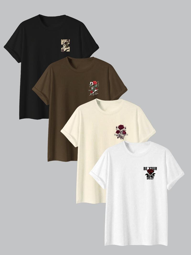 Men's Rose & Letter Print Short Sleeve Graphic Tee, Regular Fit Casual Round Neck T-shirt for Summer, Men's Top for Daily Wear