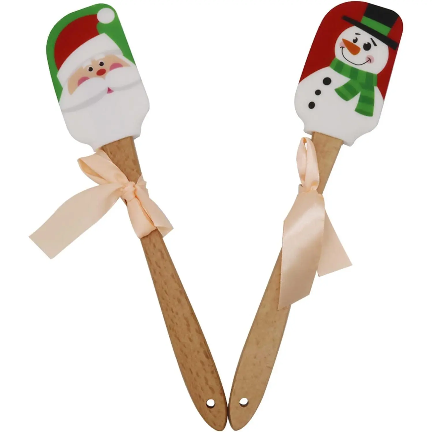 Christmas  Spatula, Set of 2, Large Santa & Snow Man Spatula with Wooden Handle,  for Christmas Decorating, Gifts and Baking(12.6inch)