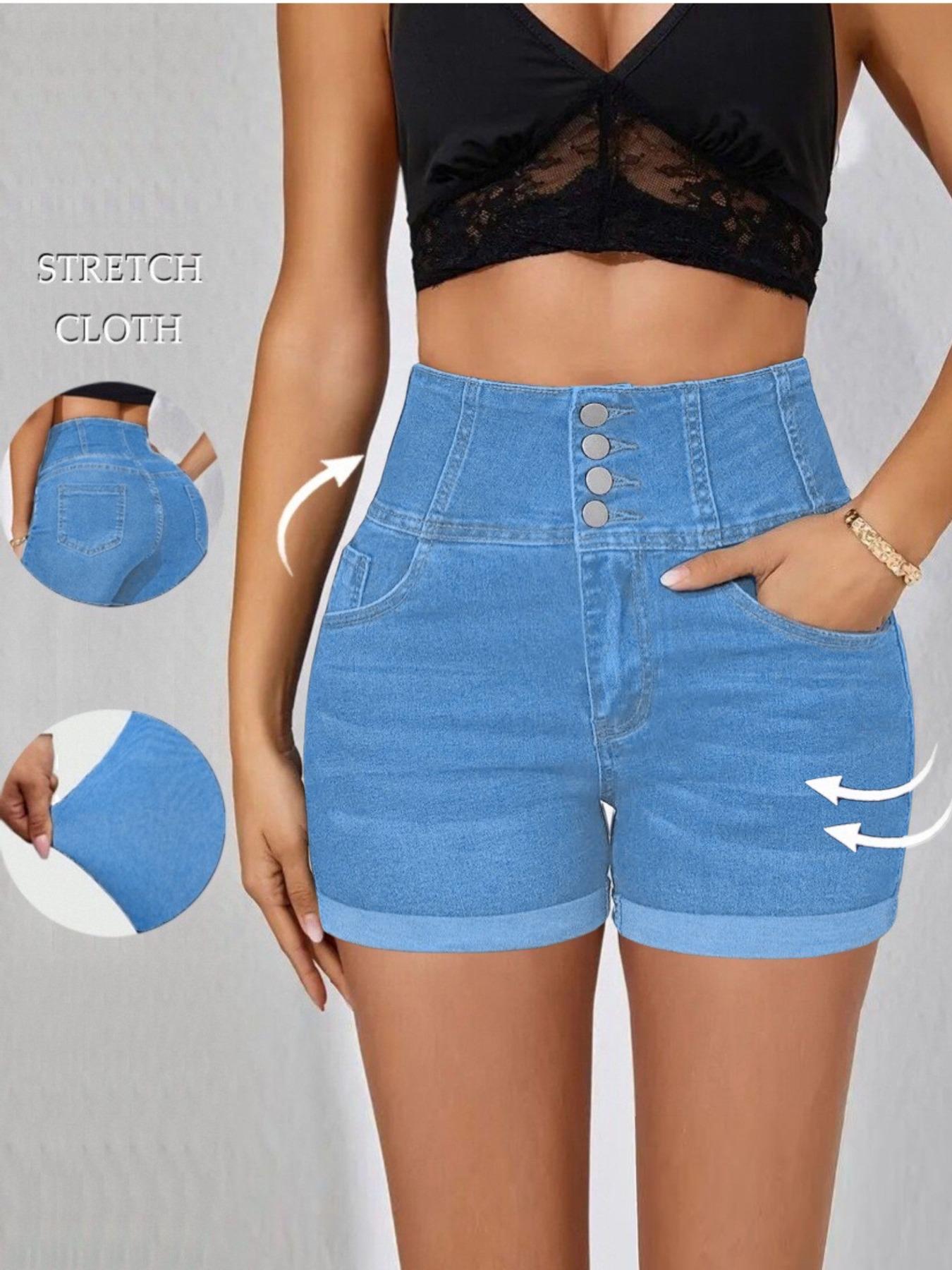 Women's High Waist Denim Shorts, Casual Comfy Button Fly Skinny Shorts for Daily Wear, Ladies Bottoms for All Seasons